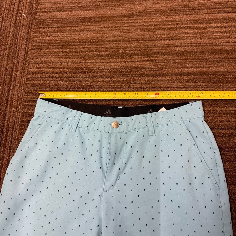 Adidas Light Blue Men's Flat Front Gold Shorts with Speckled Navy Blue Dots - Picture 3 of 7